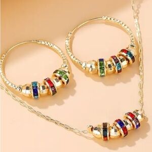 Multi Color Rhinestone Hoop Earrings & Necklace Set
